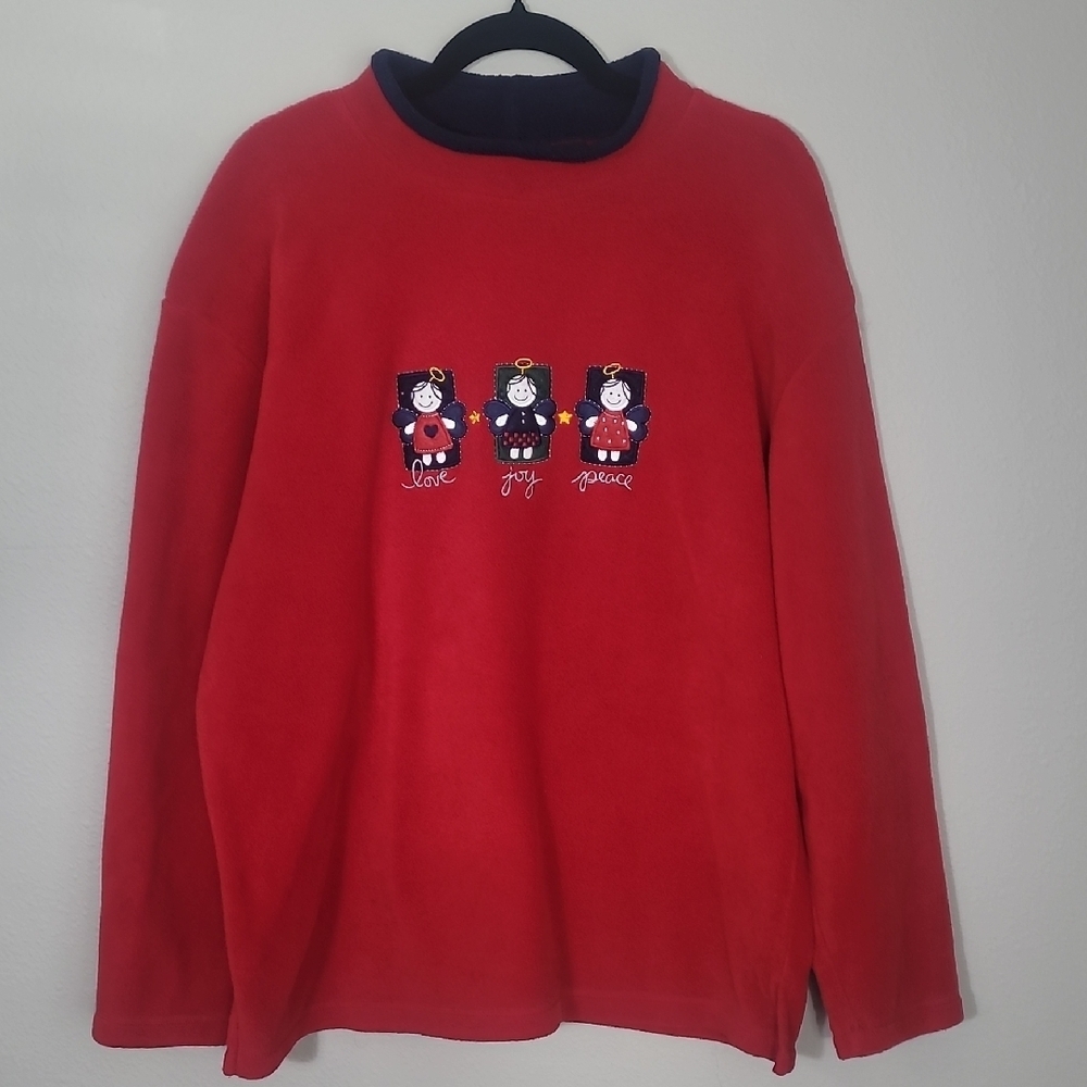 Vintage Womens Fleece Christmas Sweater Size L Red Embroidered Angels
